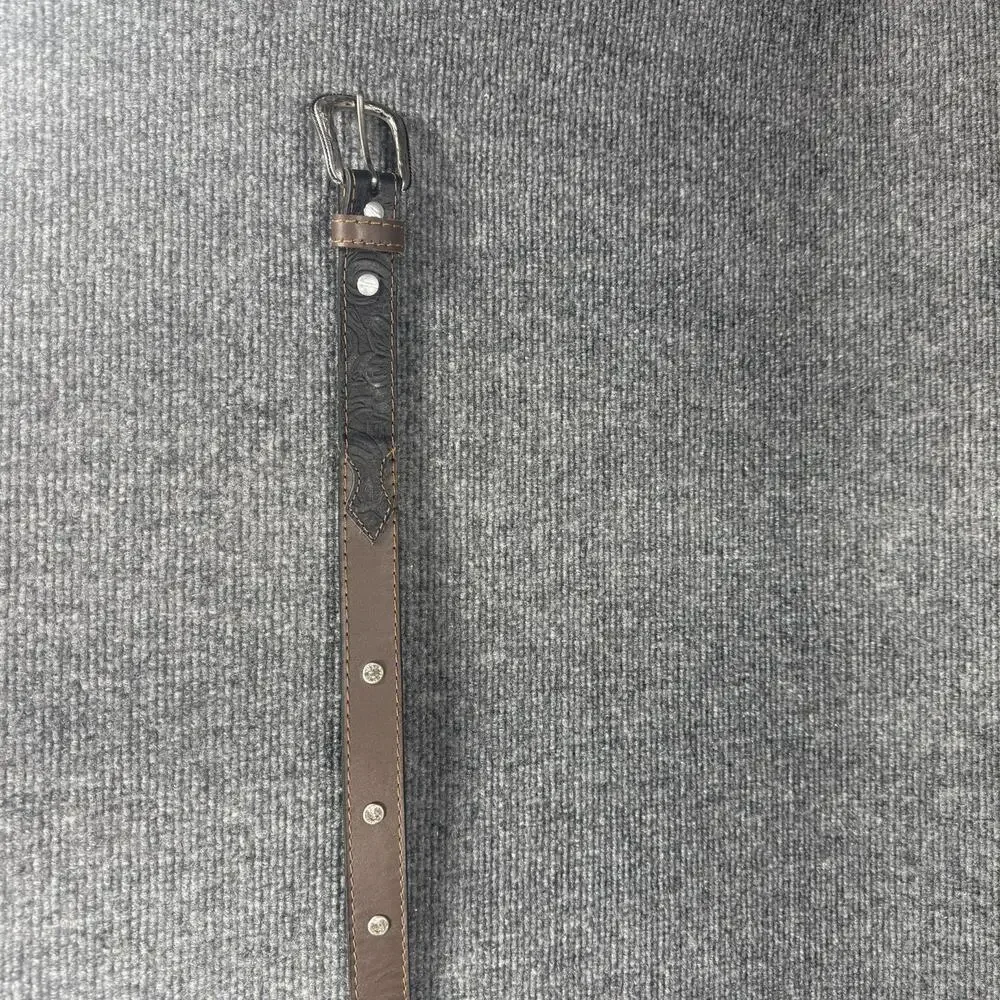 Kids Tooled Rhinestone Studded Western Leather Belt Black Brown Size 28